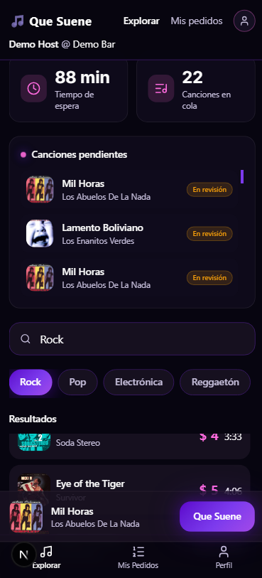Vista previa de la app QueSuene en un celular
